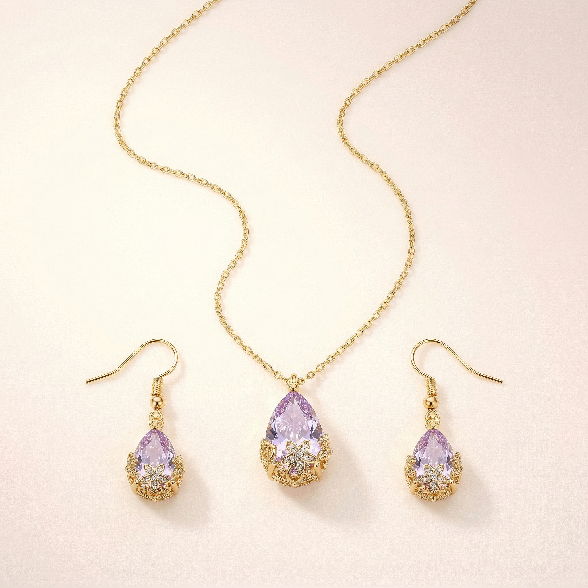 18K Water Droplet Pendant + Earrings